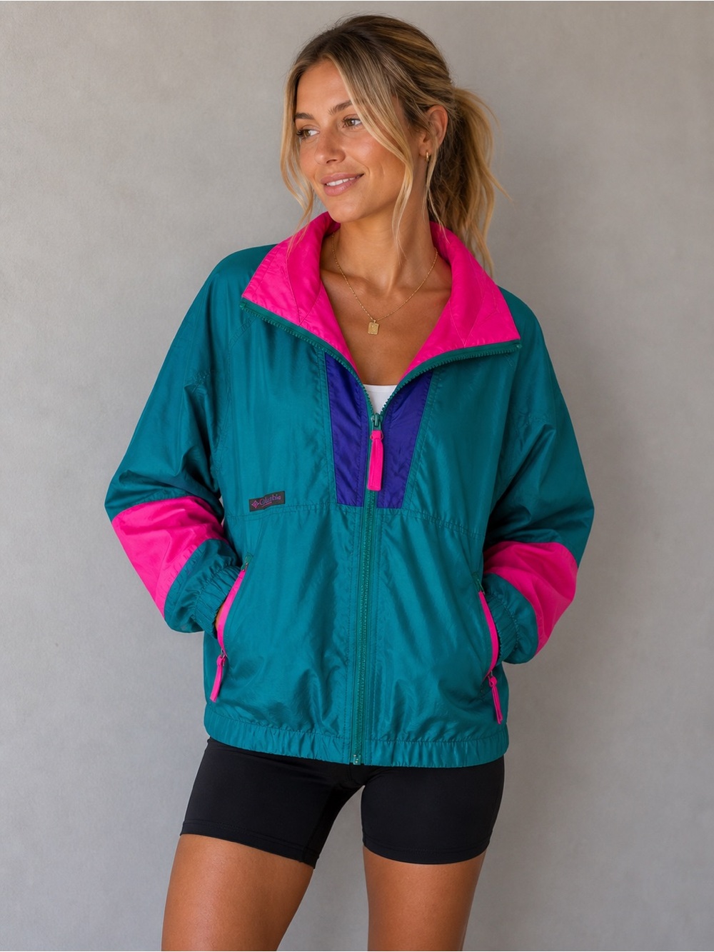 Vintage Columbia Windbreaker Jacket Teal Pink 90s Colorblock Women’s L Y2K